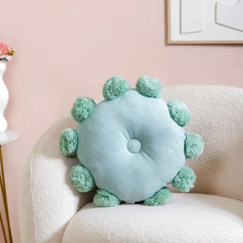 Mint Green Pom-Pom Round Decorative Cushion – 17" 1