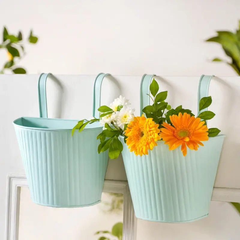 Mint Ribbed Balcony Hanging Planters – Modern Dual-Planter Set 1