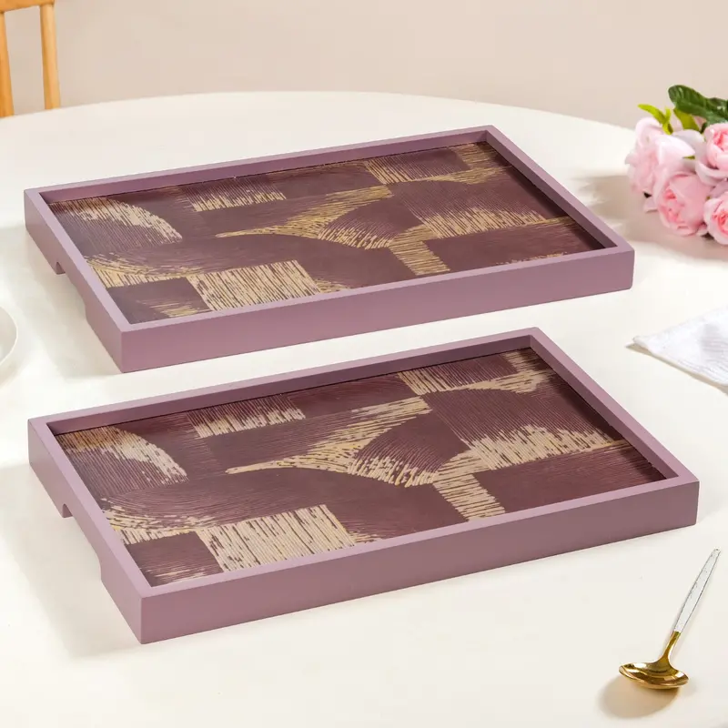 Modern Abstract Art Tray Duo – Purple Trays With Matte Gold Finish 1