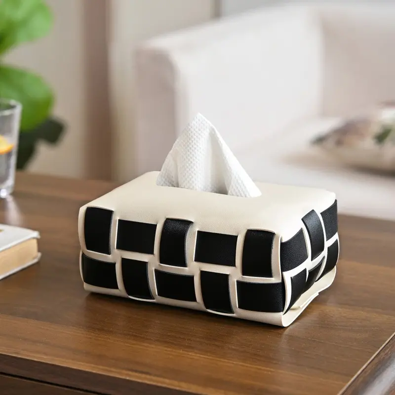 Monochrome White-And-Black Vegan Leather Tissue Box 1