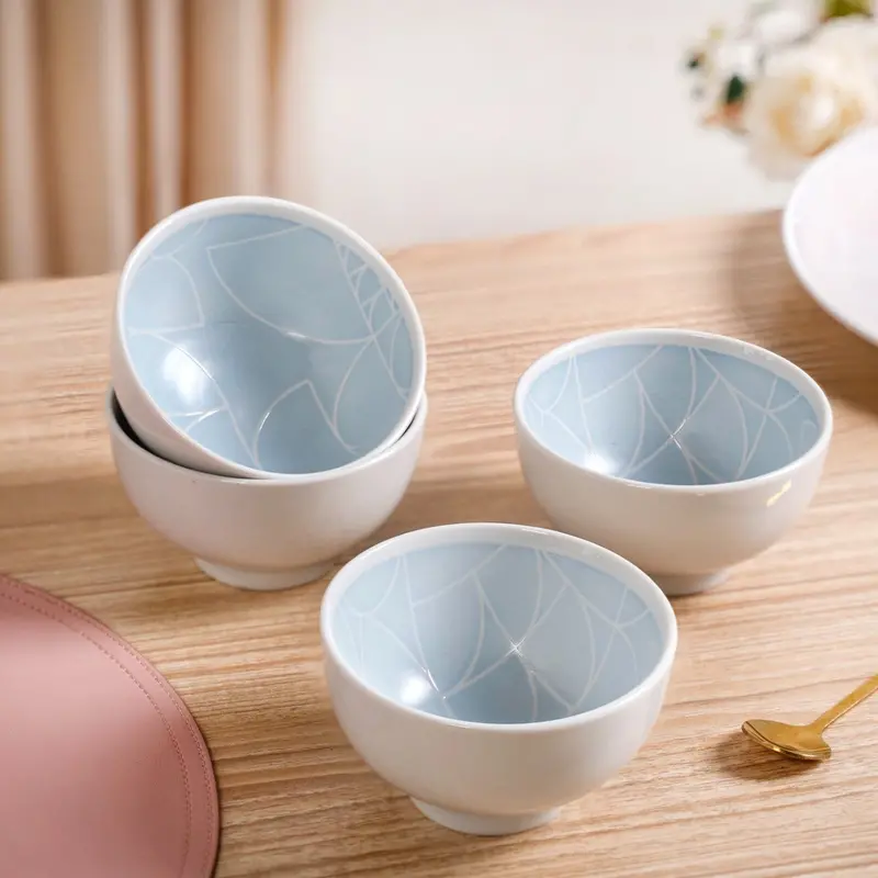 Monvia Art Deco Ceramic Snack Bowl Set – 4 Pieces, Light Blue, 325Ml Each 1
