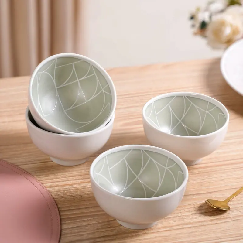 Monvia Mint Geometric Ceramic Bowl Set – 4 Contemporary Snack Bowls, 325Ml 1