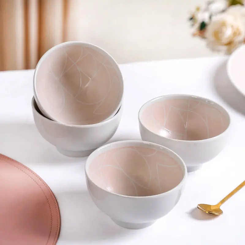 Monvia Pastel Pink Art Deco Snack Bowl Set – 4 Ceramic Bowls, 325Ml Each 1
