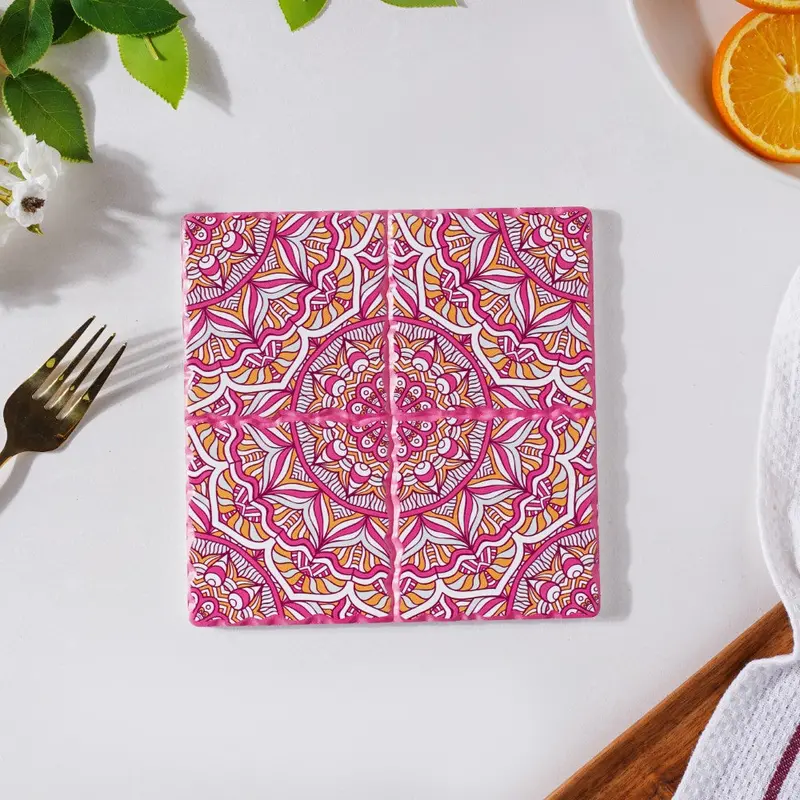 Moroccan-Inspired Pink Ceramic Tiled Trivet – Square Design 1