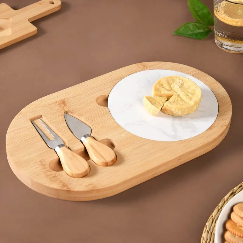 Natural Wood And Marble Cheese Board Set With Specialty Cutlery 1
