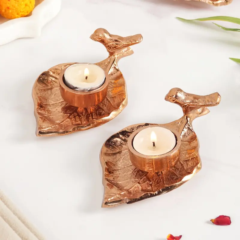 Nestglow Bird-And-Leaf Tealight Candle Holders – Rose Gold Finish (Set Of 2) 1