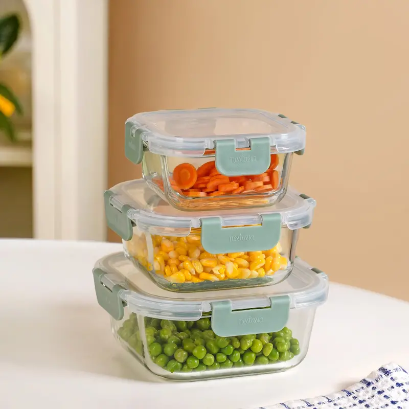 Nestro Square Airtight Clip Lock Food Storage Containers – Sage Green, 3-Piece Set (300Ml, 500Ml, 800Ml) 1