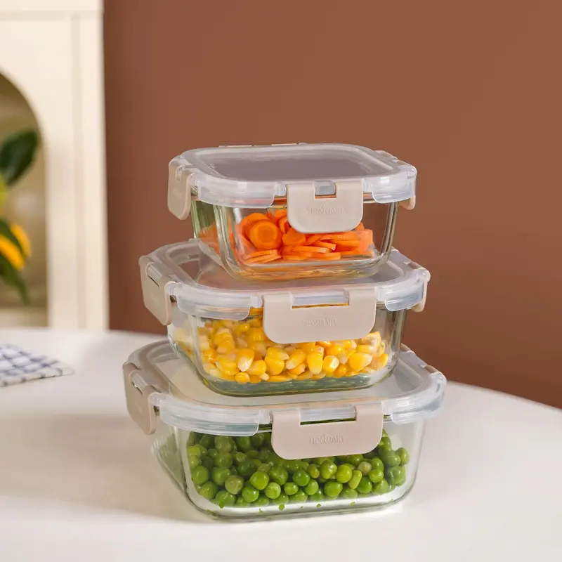 Nestro Square Airtight Lock Food Containers – Beige, 3-Pack (300Ml, 500Ml, 800Ml) 1