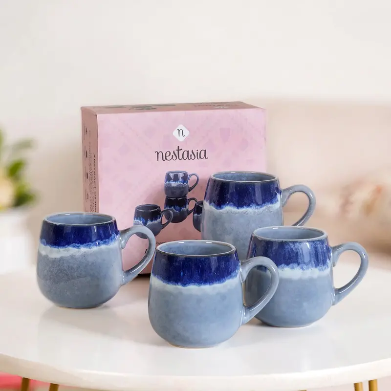 Ocean-Inspired Ombre Blue Ceramic Coffee Mugs – Set Of Four (230Ml Each) 1