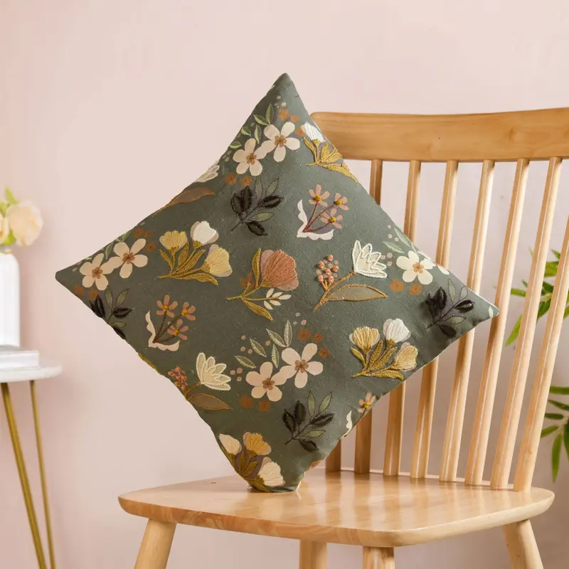 Olive Green Floral Embroidered Slub Cotton Pillow Cover – 40X40Cm 1