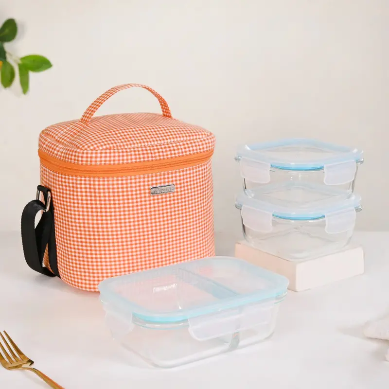 Orange Checkered Thermal Lunch Set With Container 1
