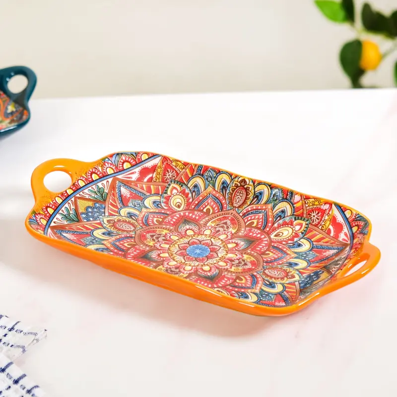 Orange Mandala Long Platter – Artisan Ceramic Dish For Charcuterie Or Desserts 1