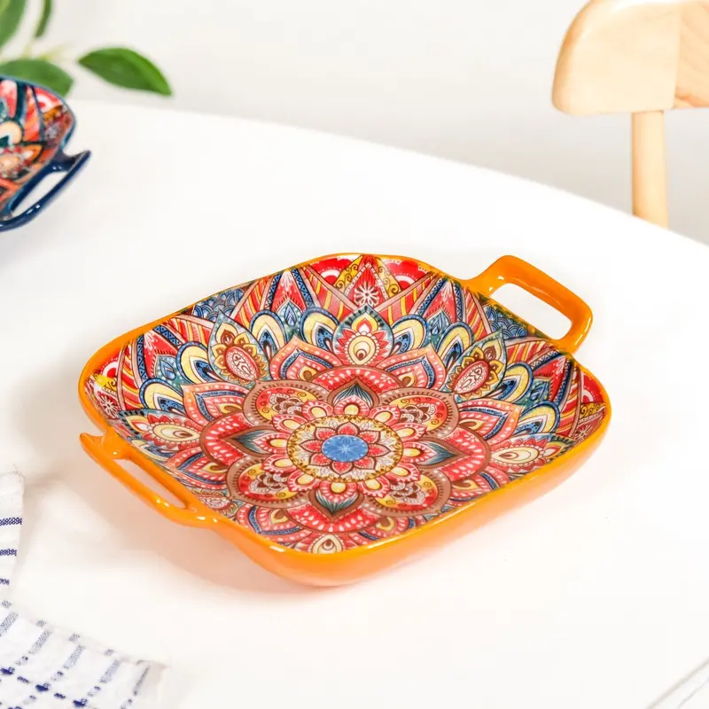 Orange Mandala Melange Square Ceramic Serving Platter 1