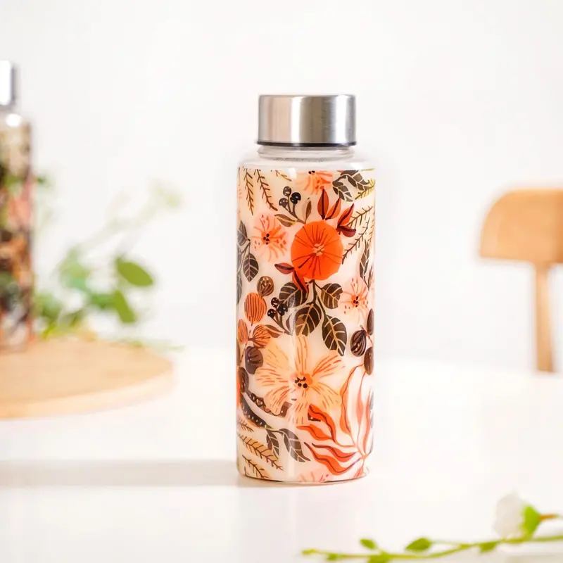Orange Poppy Print Leakproof Glass Water Bottle – 500Ml With Metal Lid 1