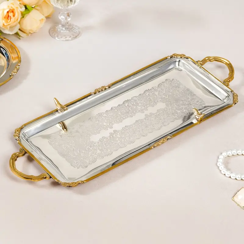 Ornate Bird-Motif Brass And Stainless Steel Serving Tray 1