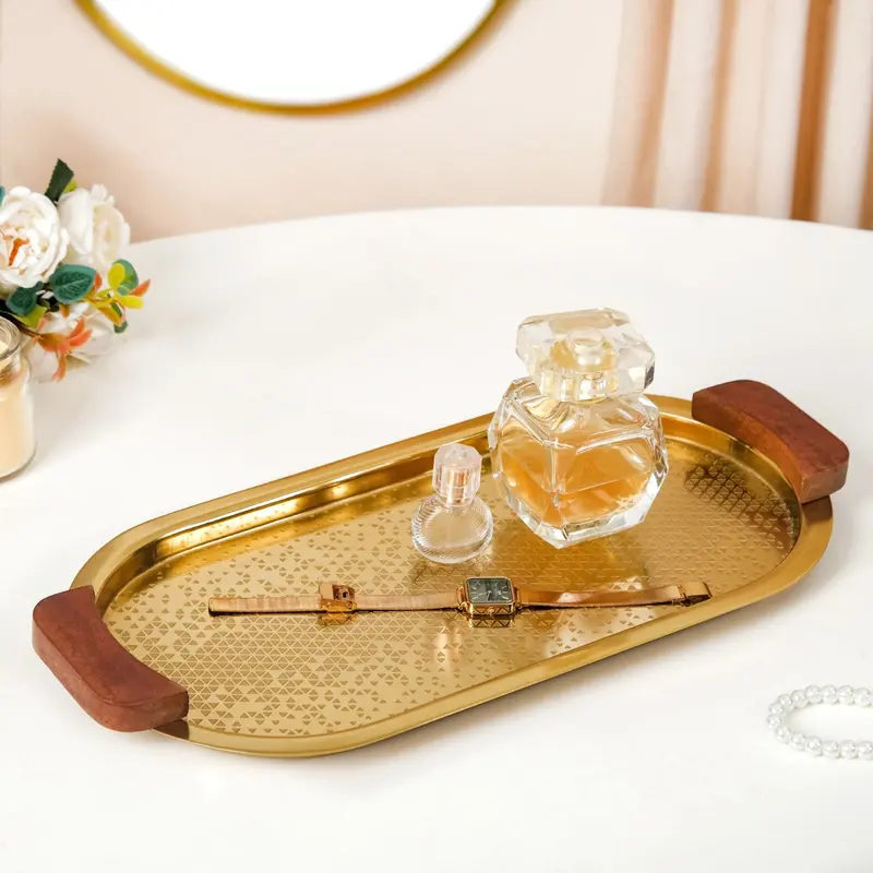 Oval Geometric-Embossed Tray – Metal Surface With Wooden Handle Accents 1