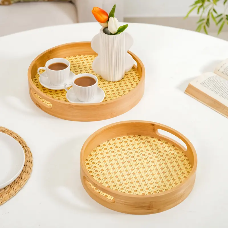 Pair Of Handwoven Rattan Round Serving Trays 1