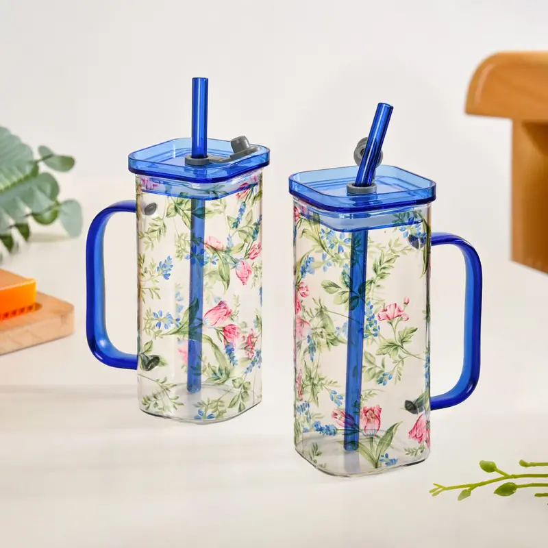 Pair Of Leakproof Blue Floral Glass Travel Sippers With Reusable Straw (365Ml) 1