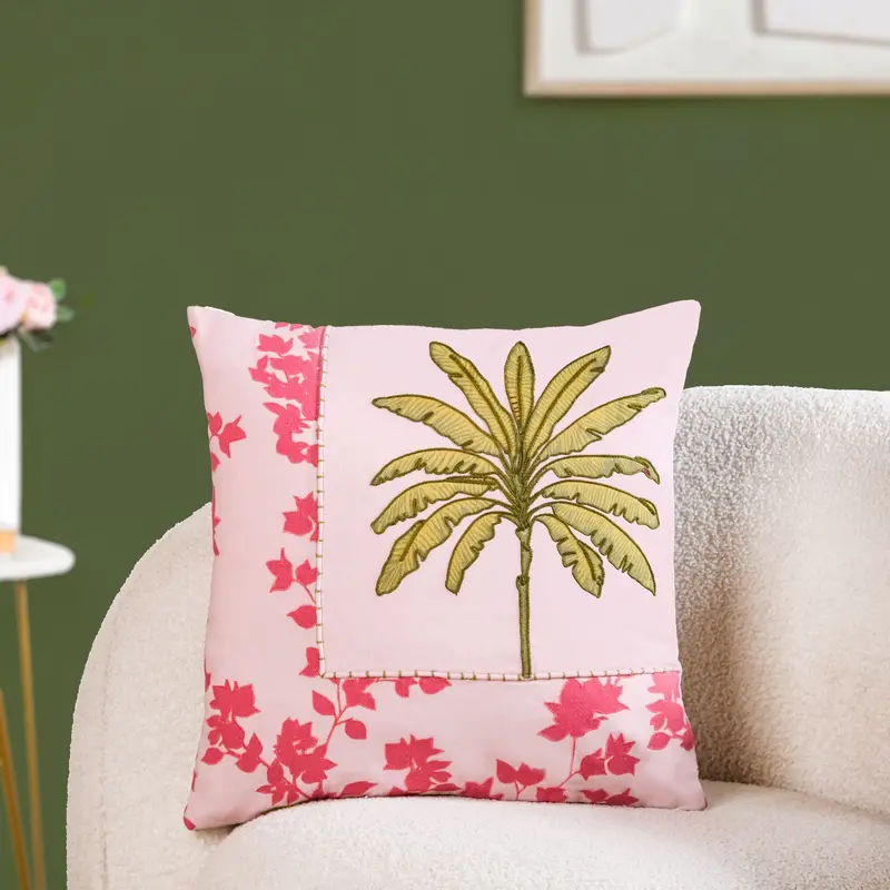 Palm & Charm Tropical Embroidery Cushion Cover – 40×40Cm Cotton 1