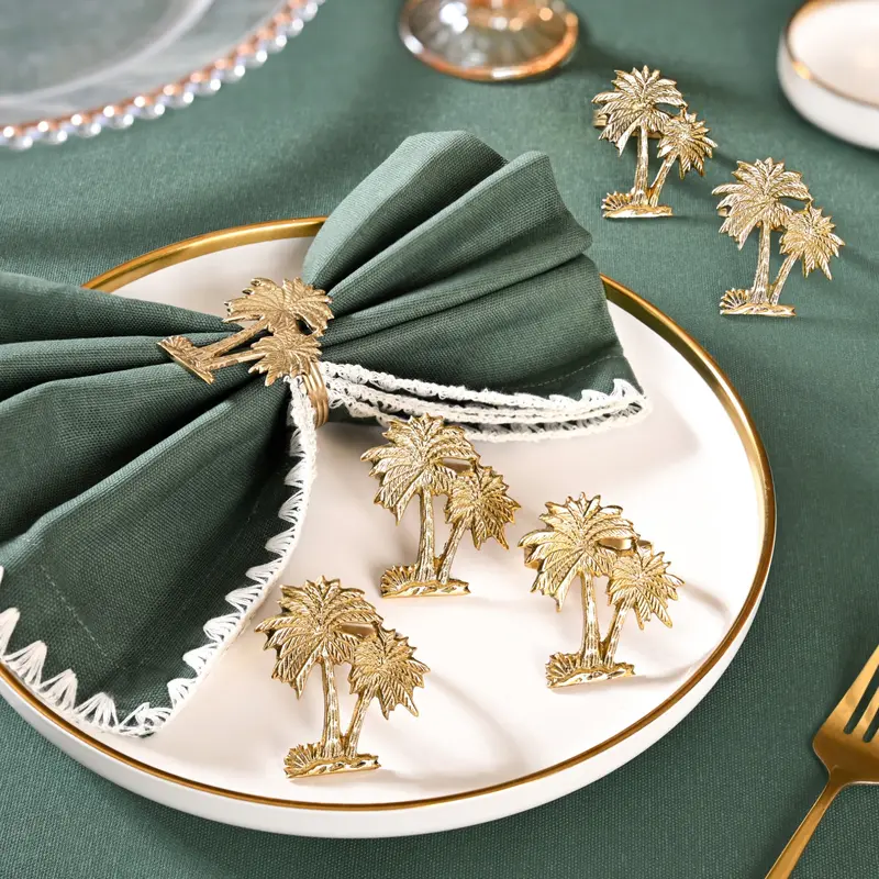 Palm Tree Silhouette Brass Napkin Rings – Tropical Silver Set Of Six 1