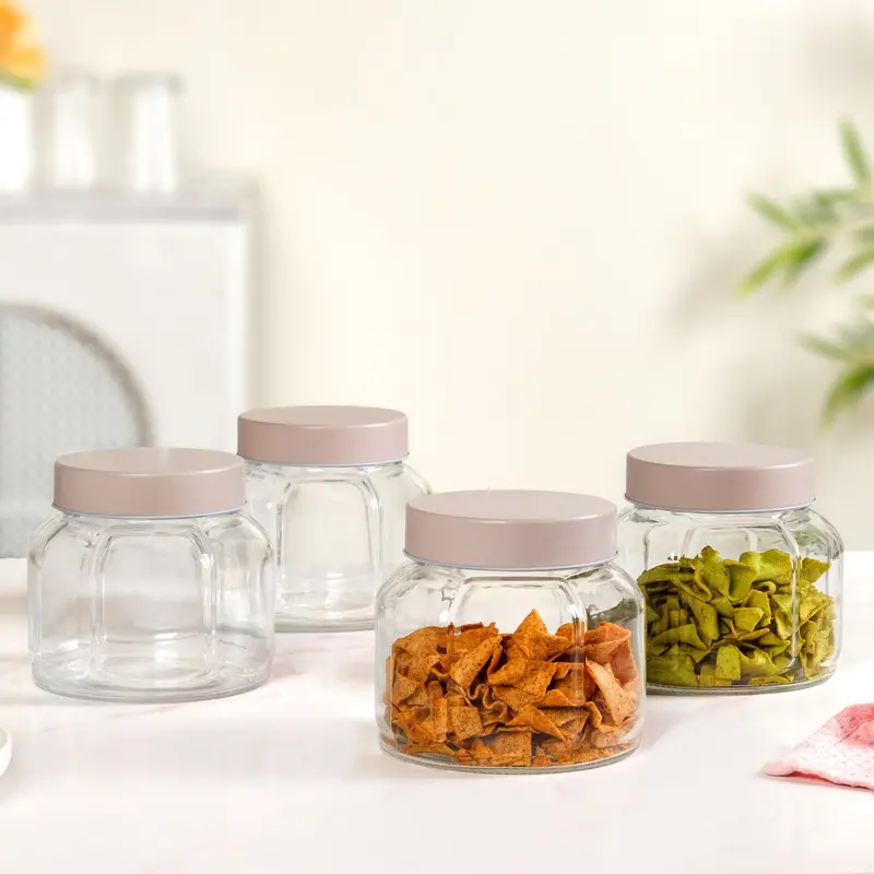 Panelled Glass Food Storage Jars With Airtight Lids – Set Of 4, 1L Volume 1