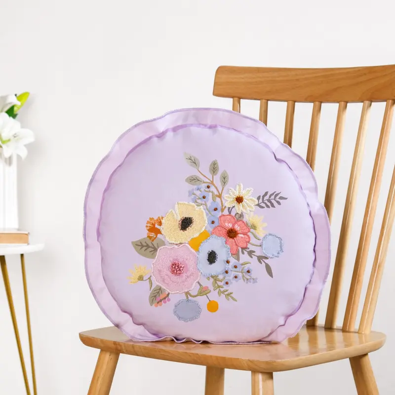 Pastel Petals Embroidered Round Cushion Cover – 45Cm Diameter 1