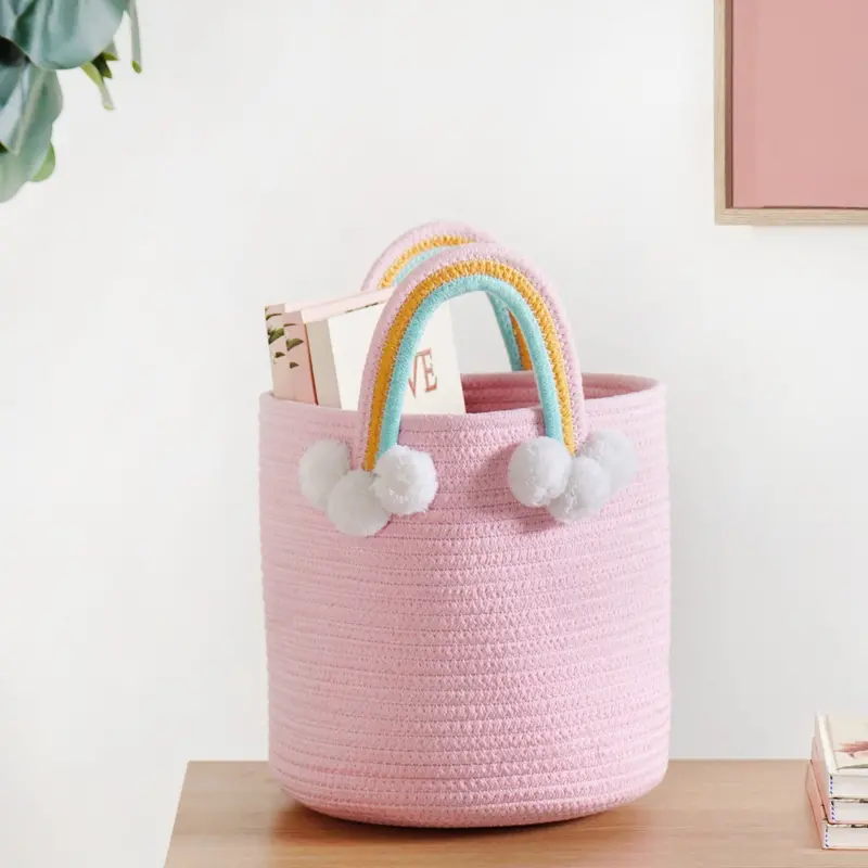 Pastel Pink Basket With Colorful Rainbow Handles – 26 Cm 1