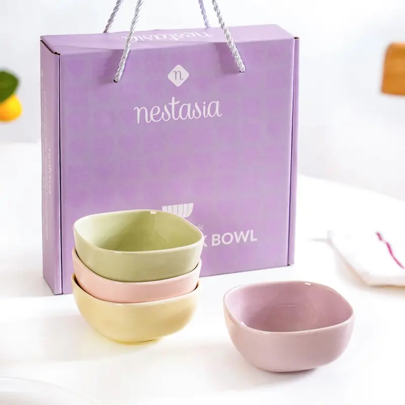 Pastel Square Ceramic Snack Bowls – Set Of 4 (200Ml Each) 1