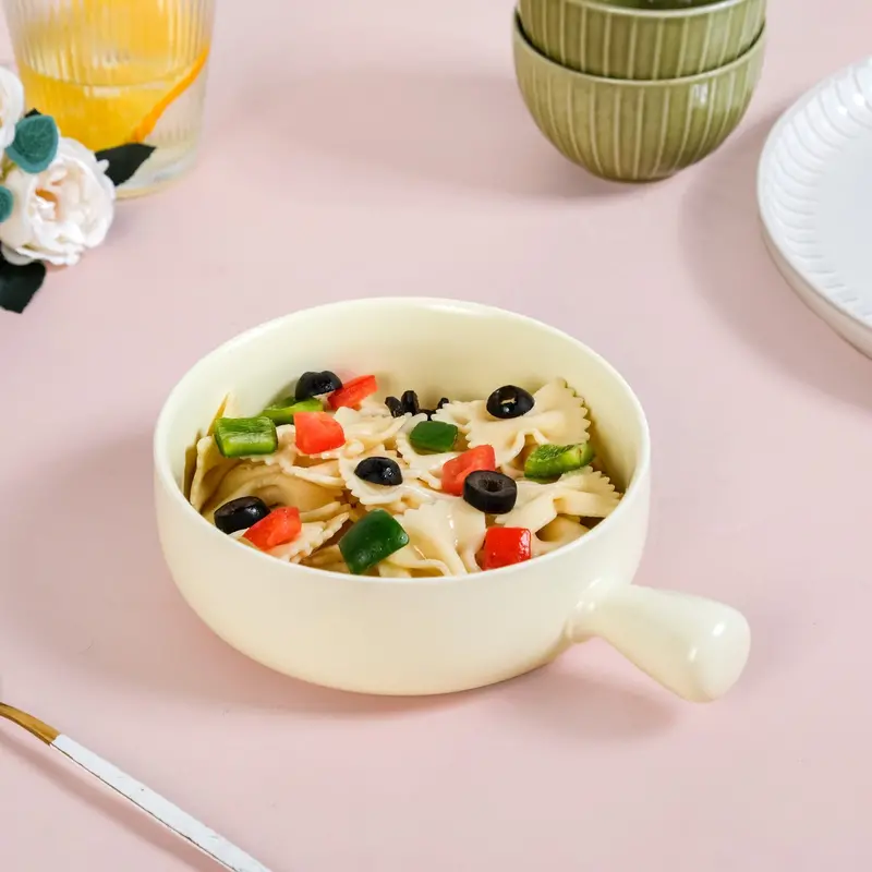 Pastel Yellow Ceramic Serving Bowl With Handle – 700Ml Capacity 1