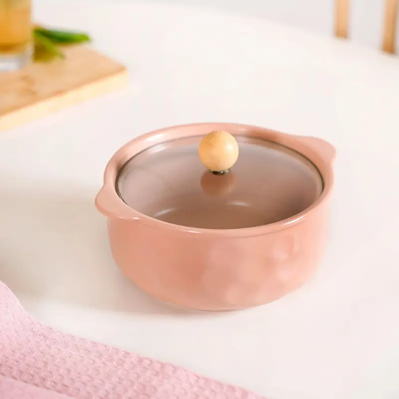 Peach Pebble-Textured Ceramic Bowl With Glass Lid – 950Ml 1
