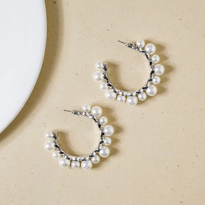 Pearl-Adorned Silver Hoop Earrings 1