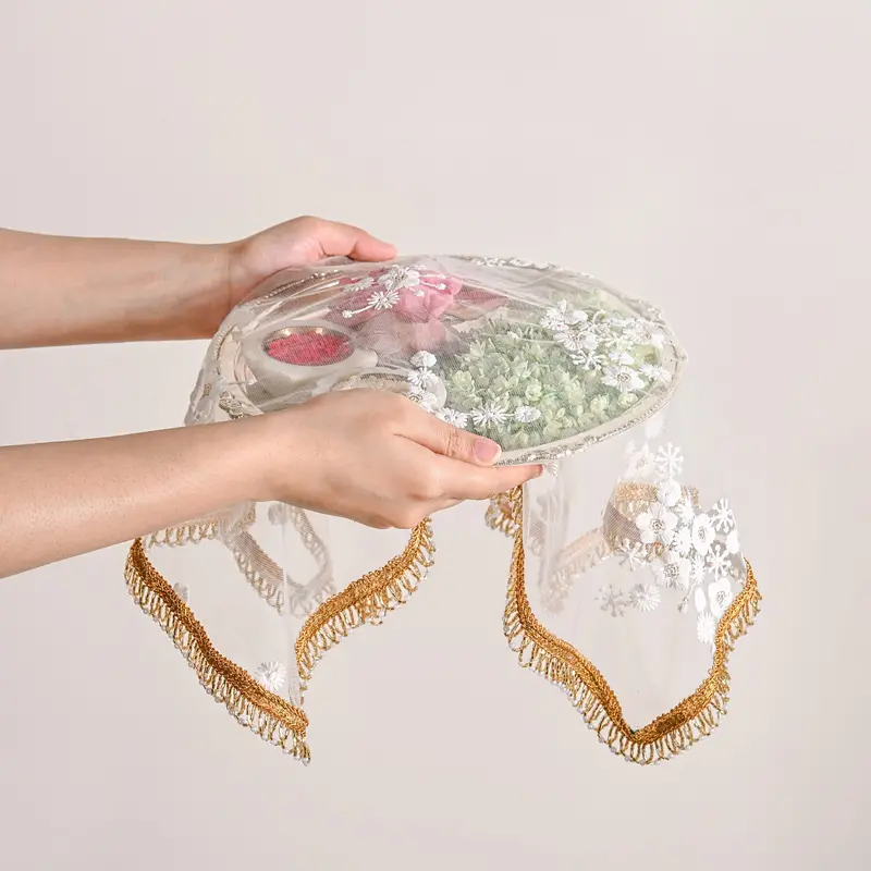 Pearl-Embellished Net Thali Covers – 2-Piece Elegant Ritual Set 1