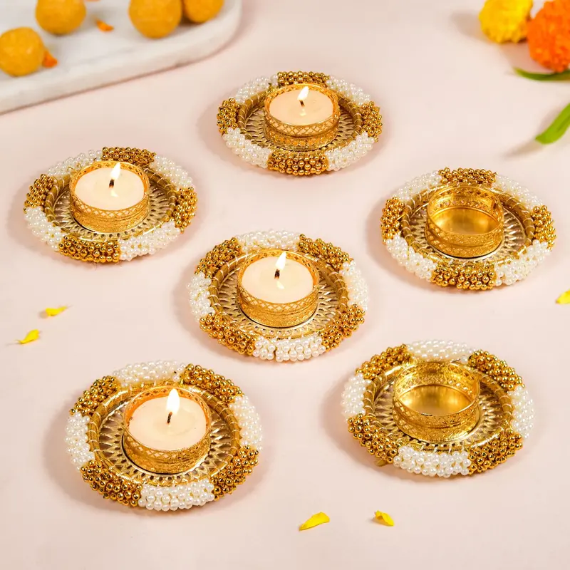 Pearl & Gold Beaded Tealight Holders – Set Of 6 Decorative Candle Cups 1