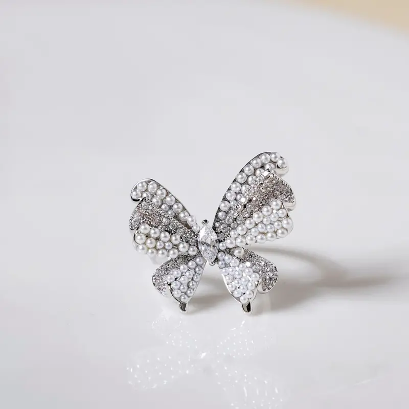 Pearled Butterfly Silver Statement Ring 1