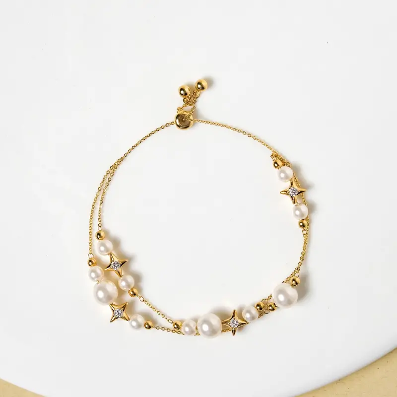 Pearls And Stars Double-Strand Gold Bracelet – Celestial Charm 1