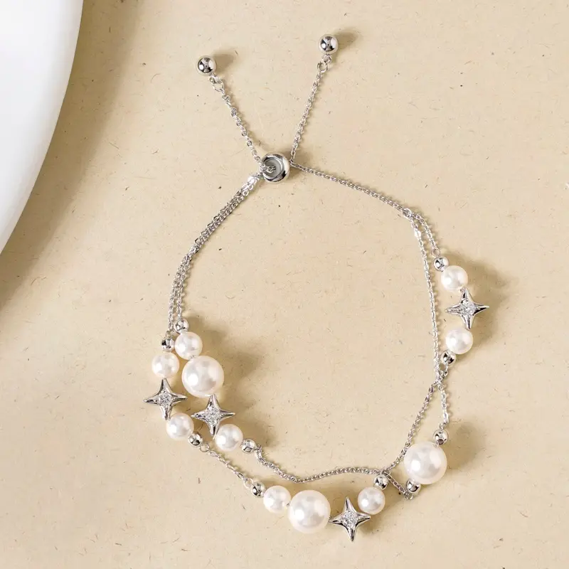 Pearls And Stars Double-Strand Silver Bracelet – Lustrous Dual-Tone Style 1