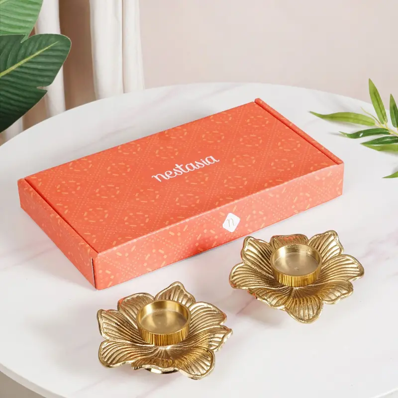 Petal Radiance Aluminum Tealight Candle Holders – Festive Gift Box (Set Of 2) 1
