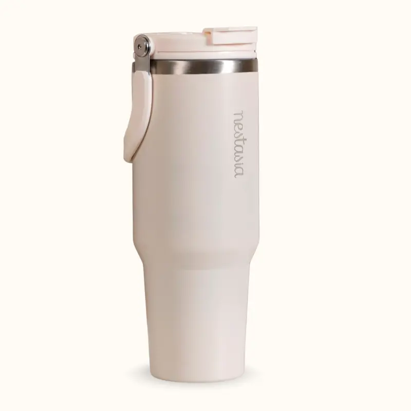 Picksip 40Oz Insulated Tumbler – Vanilla Oatmilk Tone With Carry Handle 1