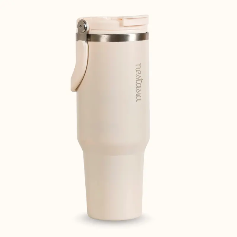 Picksip Insulated Vacuum Tumbler With Carry Handle – Pearl White, 1.2L 1