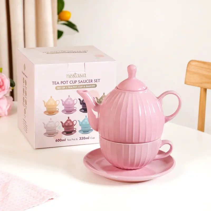 Pink Ambrosia Ceramic Tea Kettle, Cup, And Saucer Set – Single Serve 1