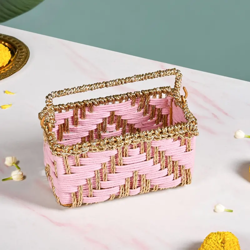 Pink And Gold Artisanal Organizer & Hamper Basket – Luxe Woven Storage And Gifting Basket 1