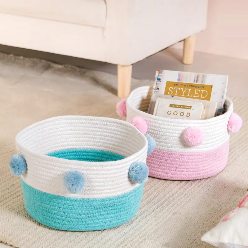 Pink And Mint Pom-Pom Accent Basket Pair – 18 Cm Each 1