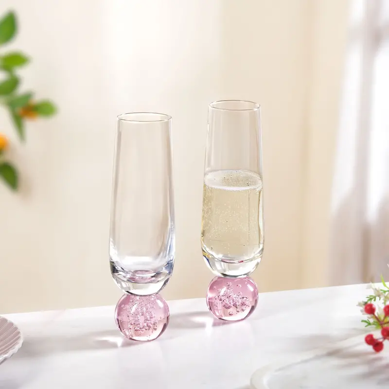 Pink Ball-Base Champagne Flutes – 280Ml, Set Of 2 Stylish Celebration Glasses 1
