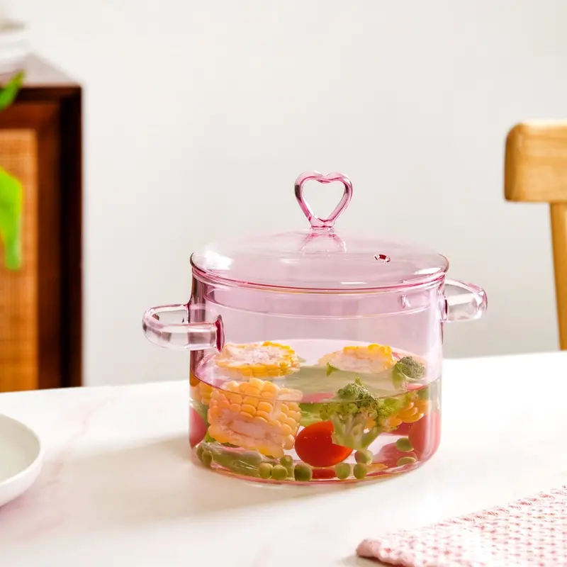 Pink Borosilicate Glass Cookware Pot – 1.25L Heat-Resistant Stovetop Saucepan 1