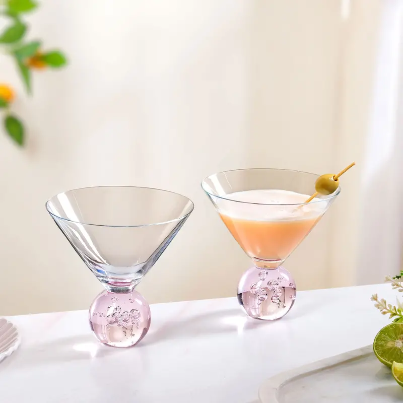 Pink Bubble-Base Martini Glasses – 220Ml, Set Of 2 Elegant Stemware 1