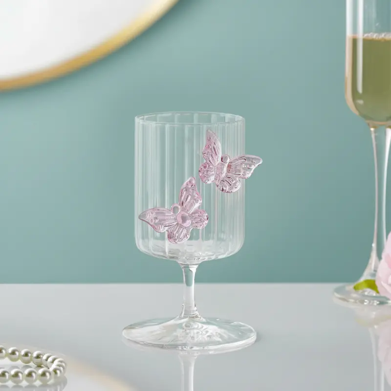 Pink Butterfly Fluted Wine Glass – 250Ml Statement Stemware 1