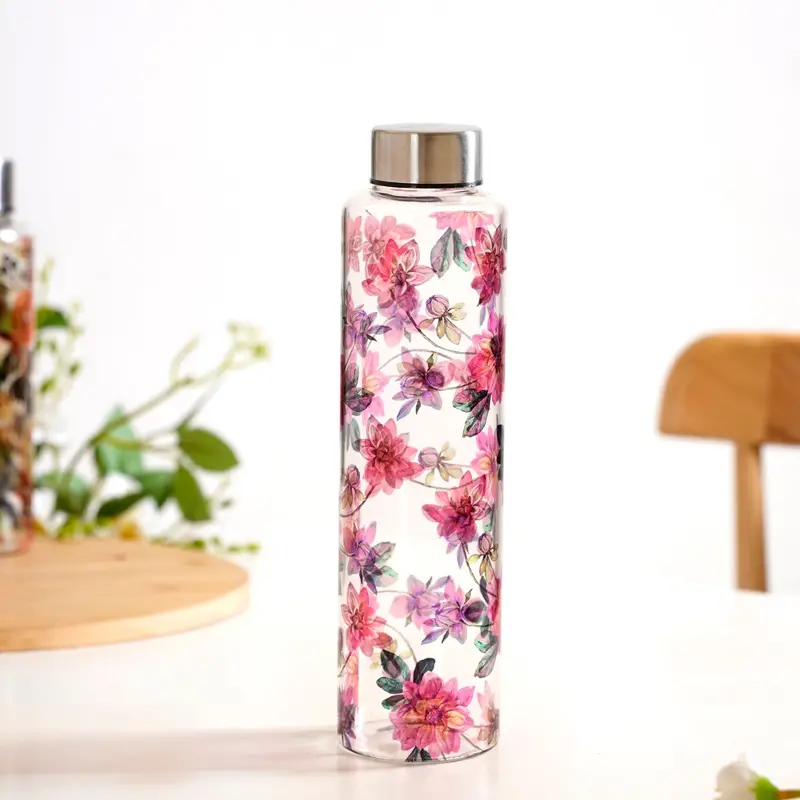 Pink Lotus 1L Leakproof Borosilicate Glass Water Bottle 1