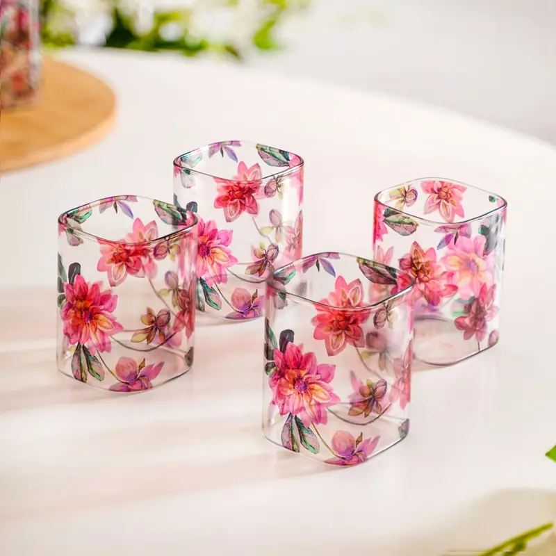 Pink Lotus Square Borosilicate Tumblers – Set Of 4 (230Ml) 1