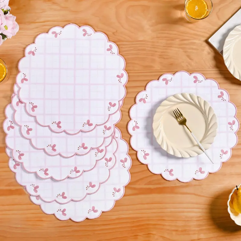 Pink Periwinkle Embroidered Table Mats – Set Of Six Soft Cotton Linens 1