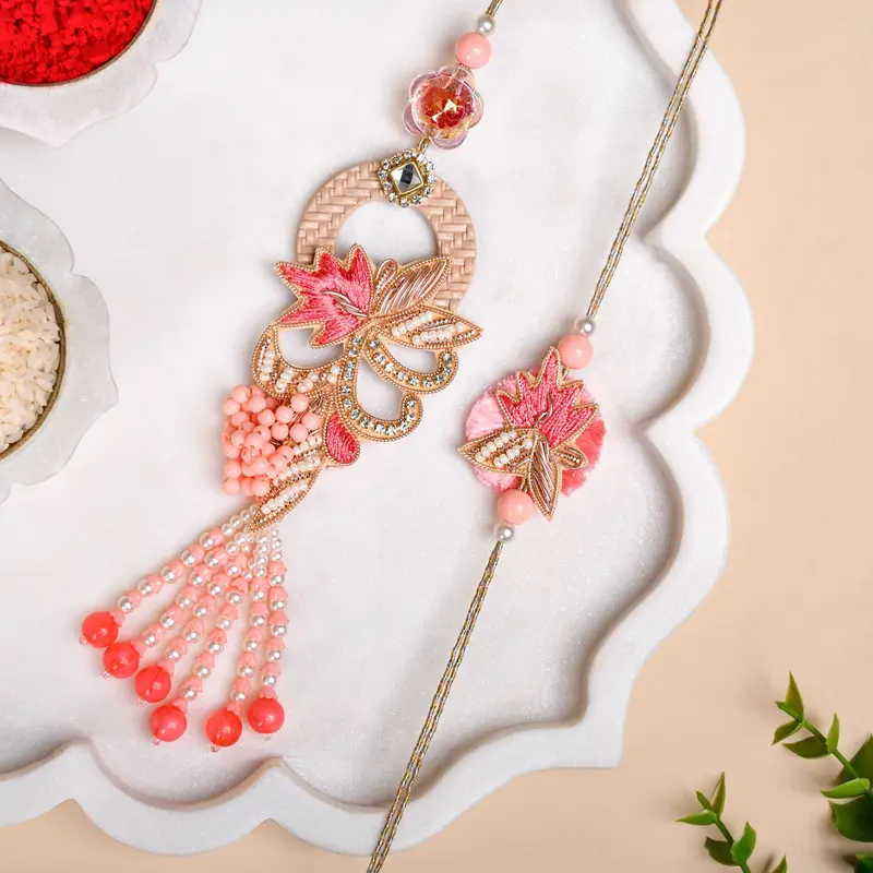 Pink Petal-Designed Rakhi & Lumba Set 1